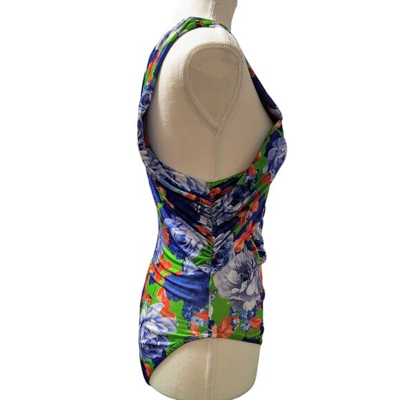 ZARA Bodysuit NWT Small Blue Green Red Floral Asymmetrical Bloggers Fav Summer - Picture 6 of 9
